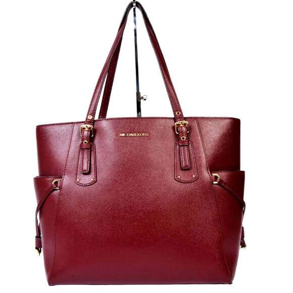Michael Kors Leather Large Voyager East West Leather Tote Maroon - Picture 1 of 14